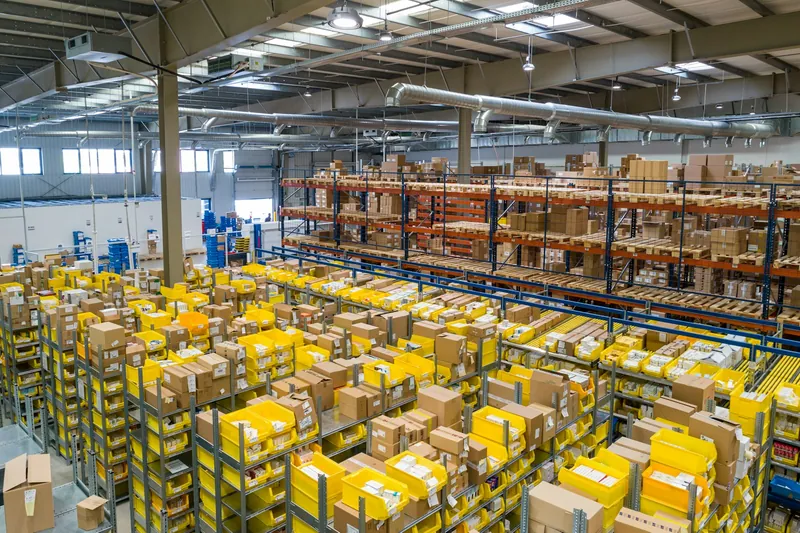 Orderpickzone in een fulfilmentcentrum met stellingen vol dozen en gele bakken