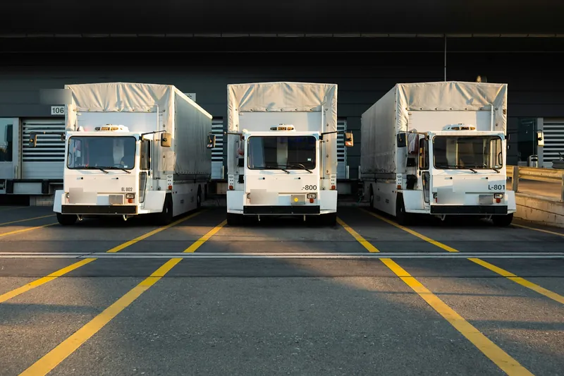 Drie witte bakwagens met huif naast elkaar aan de laadkades van een distributiecentrum